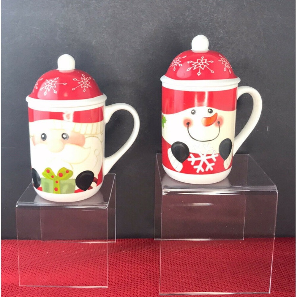 Two Christmas Holiday Mugs With Lid (Coffee-Tea-Hot Cocoa-Soup)